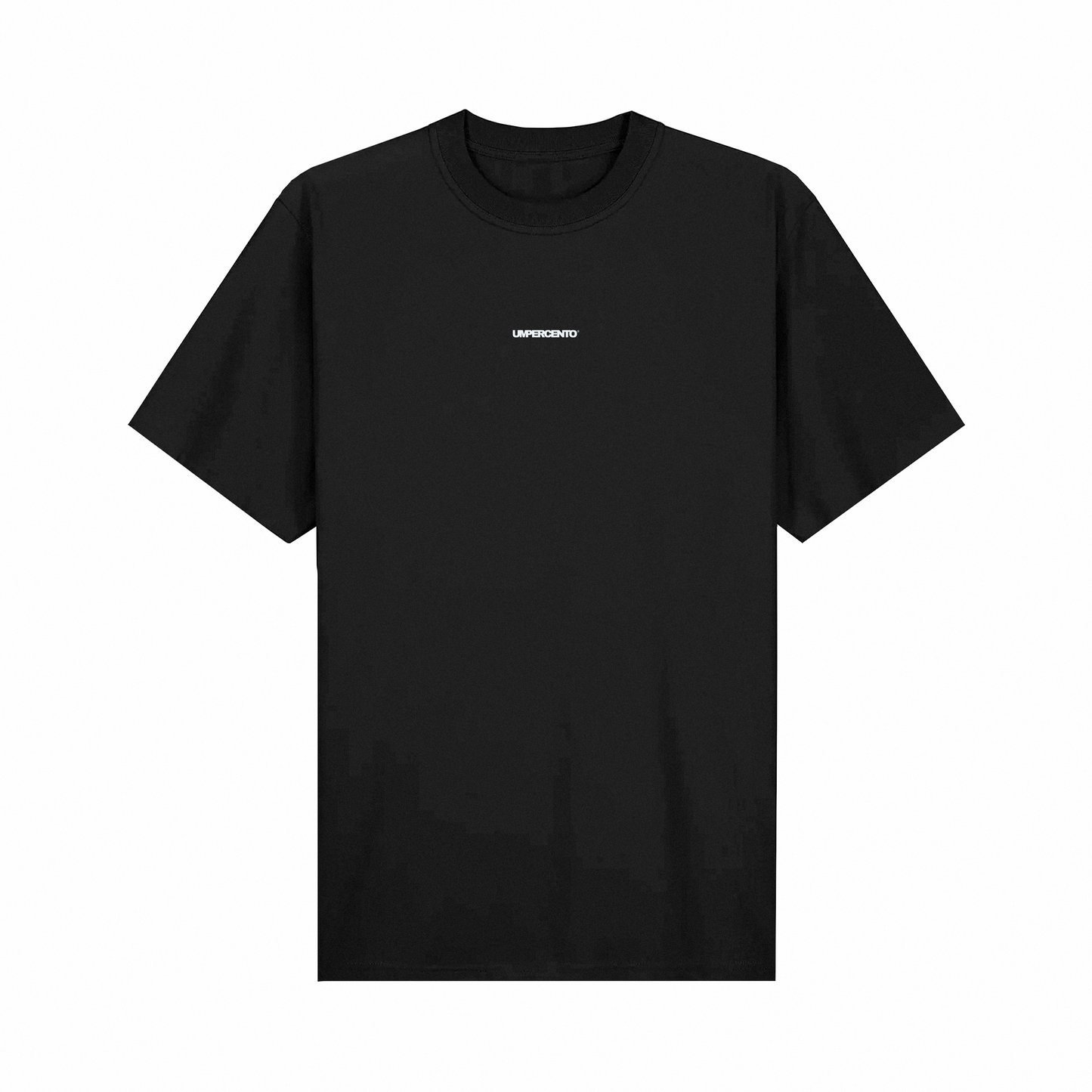 Oversized black T-shirt — flatlay back with large 1% print