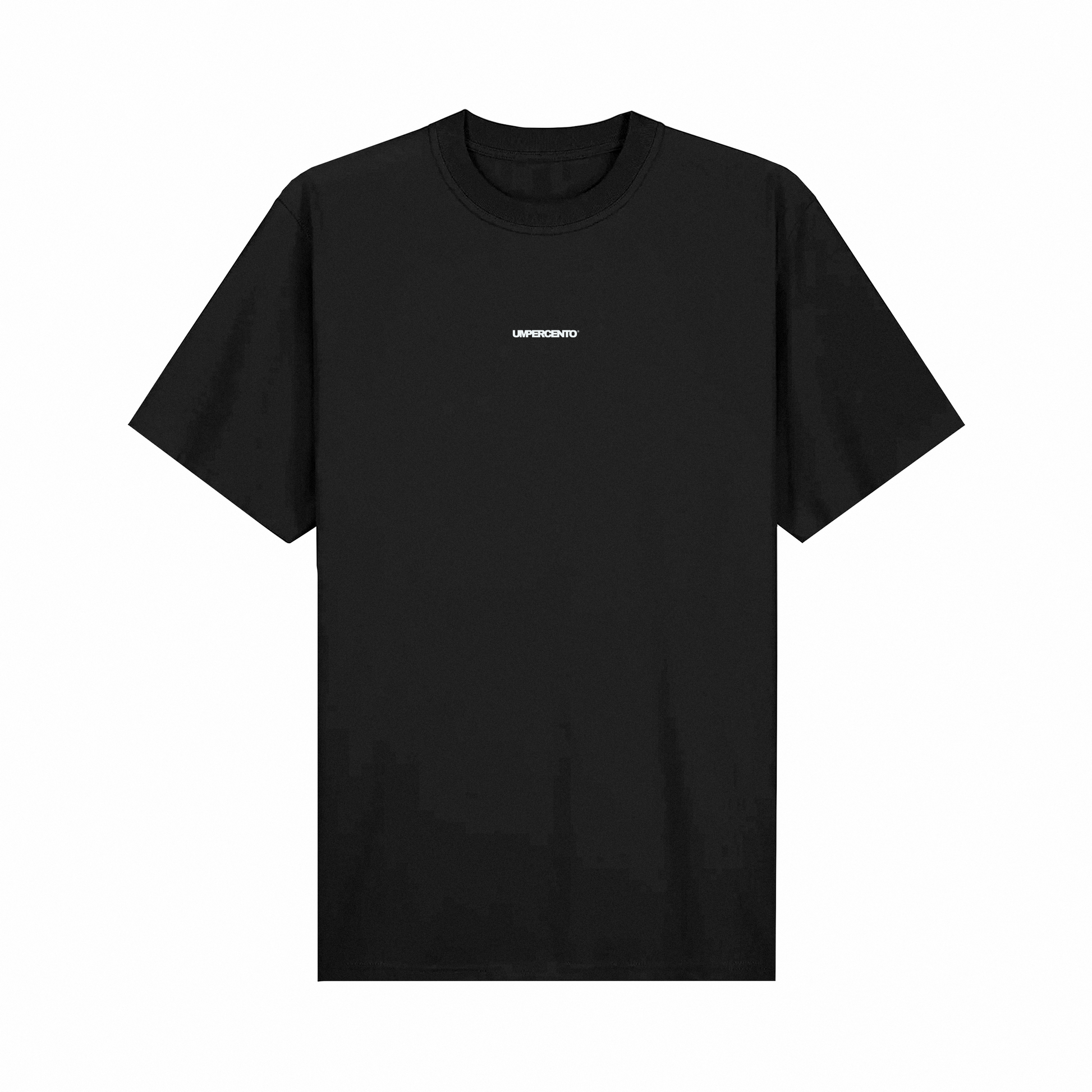 Oversized black T-shirt — flatlay back with large 1% print