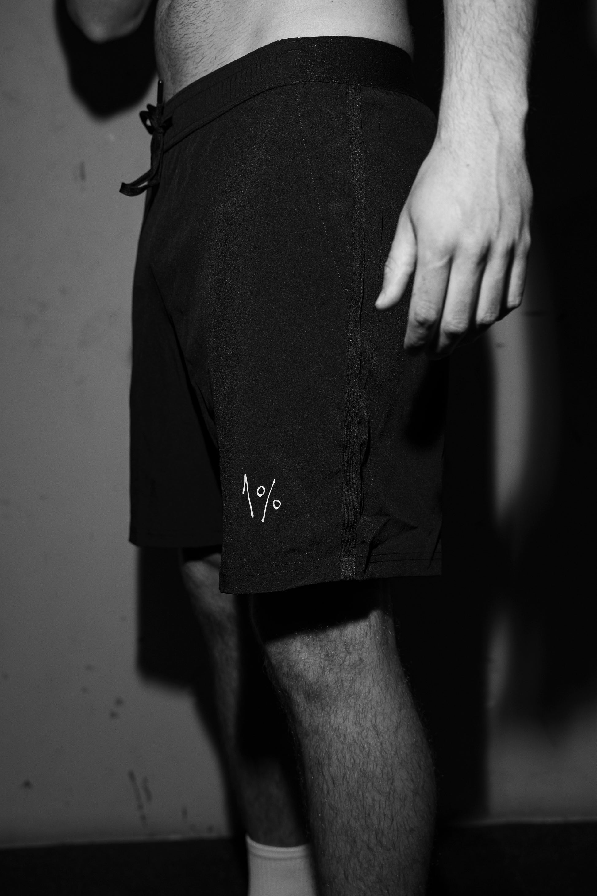Men’s performance shorts — side profile on model, relaxed stance